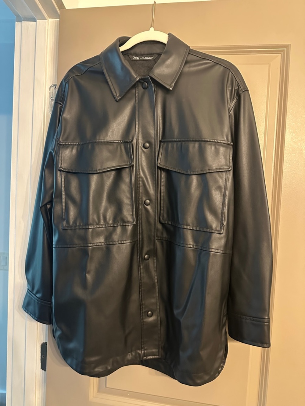 Zara Black Faux Leather Button-Front Jacket